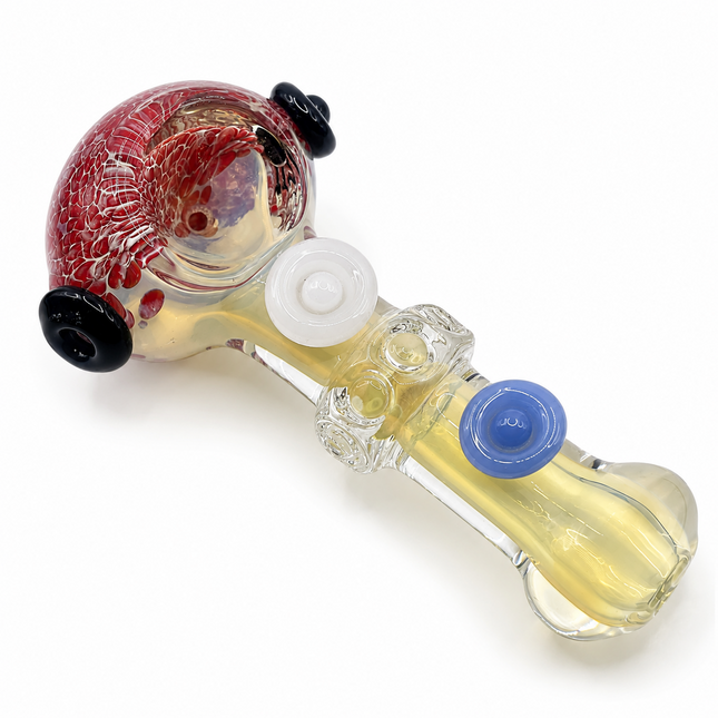 Red Blossom Fumed Glass Spoon Pipe Blue White Dot Accents 5 Inch