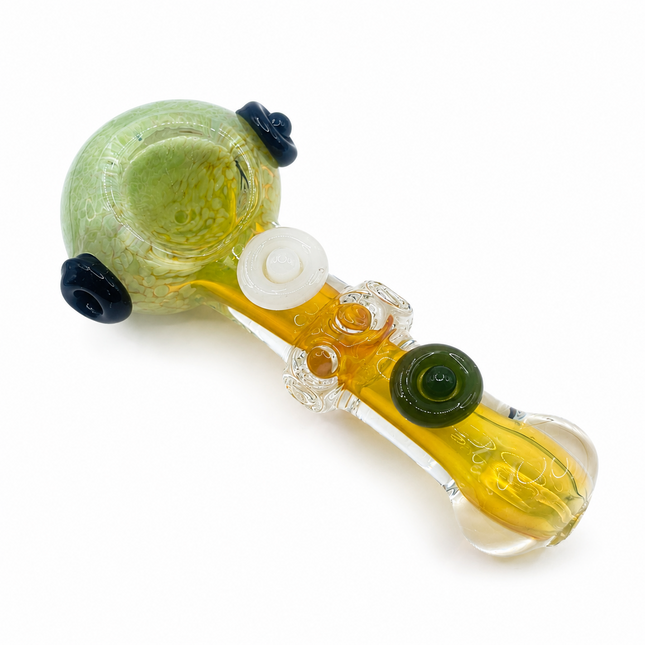 Green Frit Fumed Glass Spoon Pipe White Green Dots 5 Inch