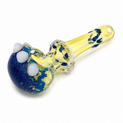 Pale Yellow Blue Gobblin Glass Spoon Pipe with White Marble Accents - 4.5 inch