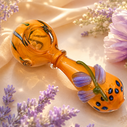 Amber Orange Pumpkin Glass Spoon Pipe with Lavender Leaf Accents - 4 inch