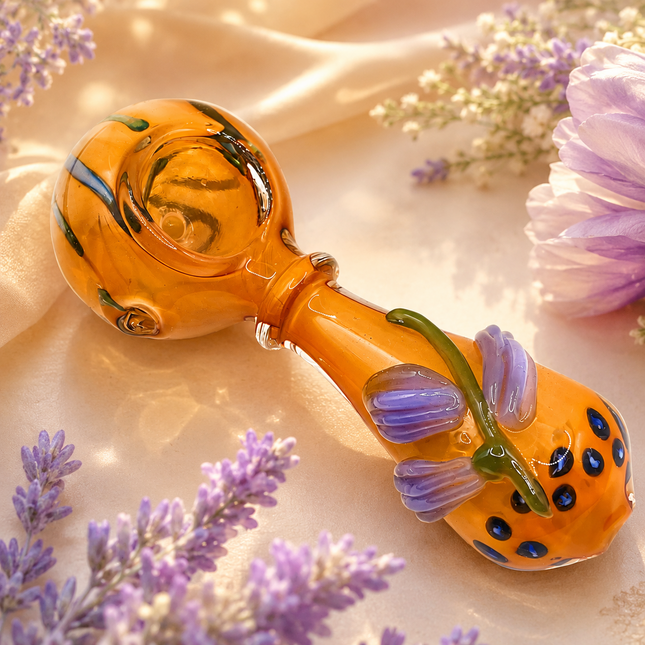 Amber Orange Pumpkin Glass Spoon Pipe with Lavender Leaf Accents - 4 inch