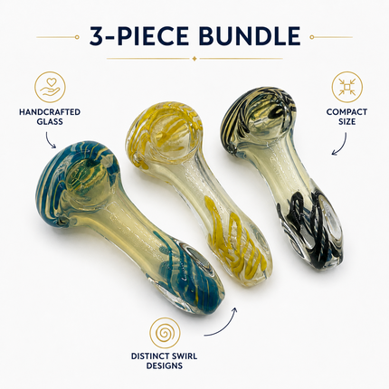 [3PC Bundle] Tornado Ribbon Swirl Glass Hand Pipe Set 4 Inch Assorted
