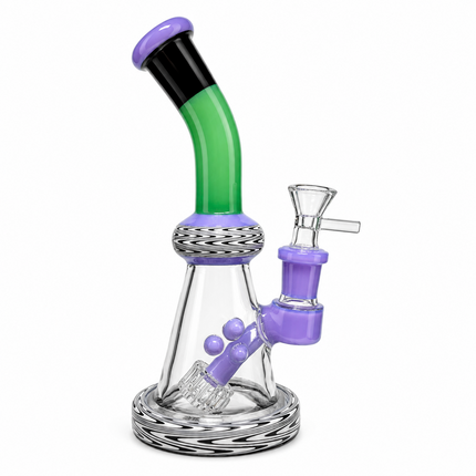 Green Purple Black Wave Glass Water Pipe Cage Percolator Bent Neck 9 inch
