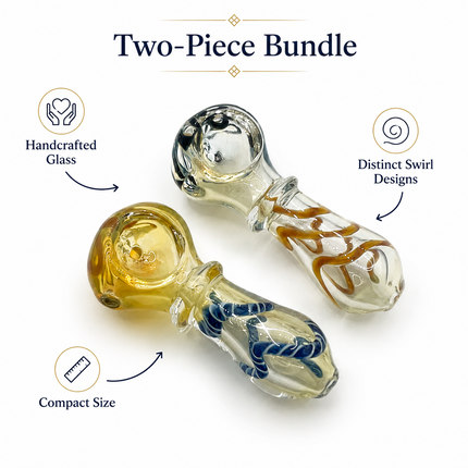 [2PC Bundle] Ribbon Coil Swirl Body Glass Hand Pipe Set Clear Amber Blue