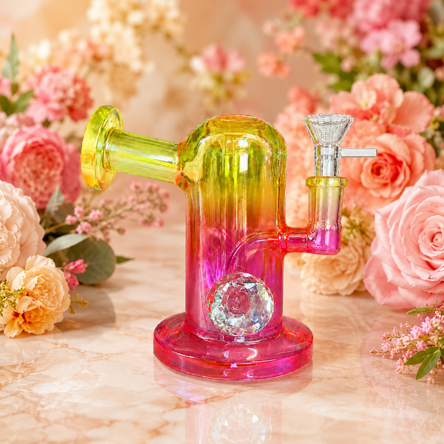 Princess Chrome Pink Yellow Glass Bong with Diamond Centerpiece - 7.5 inches