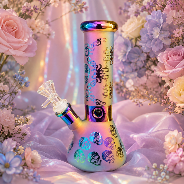 Prism Skull Rainbow Chrome Ice Catcher Glass Water Pipe 14mm Bowl - 10 Inch
