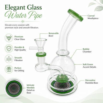 Emerald Mandala Green Sphere Glass Bong Disc Percolator 14mm Bowl 7 Inch