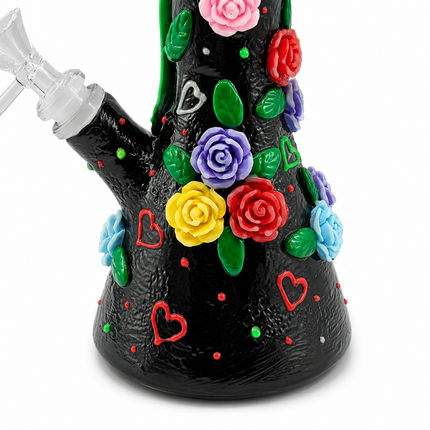 [Glow in the Dark] Midnight Bloom Rose Black Beaker Hookah - 10 Inch
