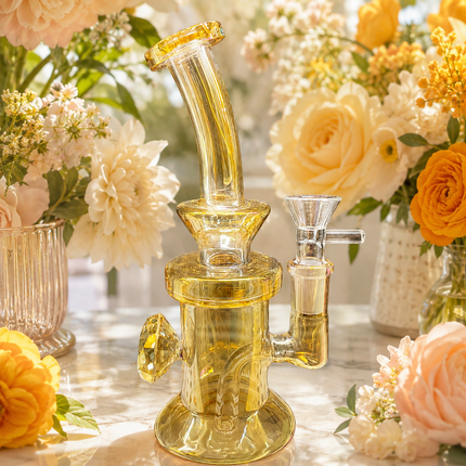 Abundance Diamond Golden Amber Mirror Chrome Glass Water Pipe 14mm Bowl 7.5 inch