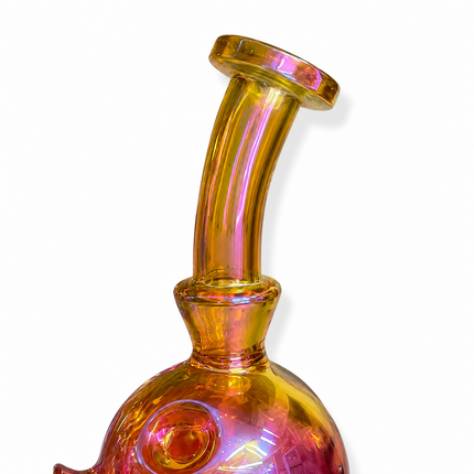 Gold Pink Iridescent Orb Glass Water Pipe 14mm Bowl Curved Neck 14mm 7.5 inch