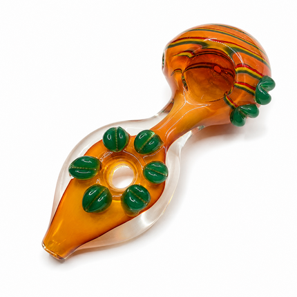 Amber Rainbow Glass Spoon Pipe Green Leaf Grips 5 Inch Hand Pipe