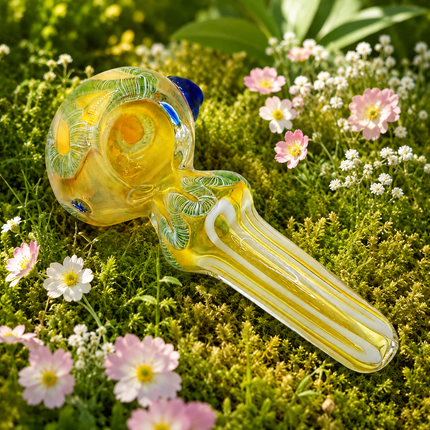 Lemon Grove Glass Spoon Pipe – 4 Inch Yellow Hand Pipe White Stripe Blue Accent