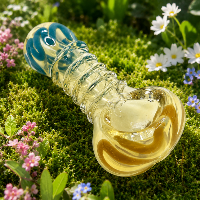 Honey Twist Glass Spoon Pipe with Blue Ends – 4 Inch Clear Yellow Hand Pipe