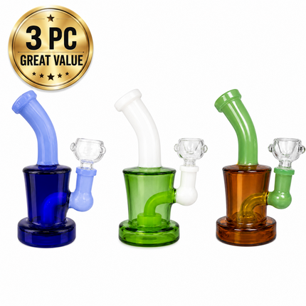 3PC Blue Emerald Amber Mix Disc Perc Water Pipe Set 14mm 6 Inches