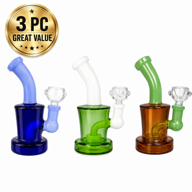 3PC Blue Emerald Amber Mix Disc Perc Water Pipe Set 14mm 6 Inches