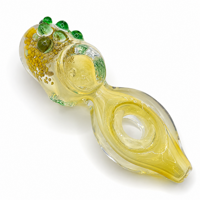 Golden Loop Glass Hand Pipe with Green Bubble Accents – 4 Inch