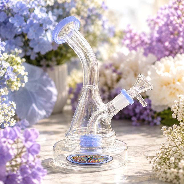Milky Blue Mandala Glass Water Pipe Clear Disc Percolator Bent Neck 7 inch