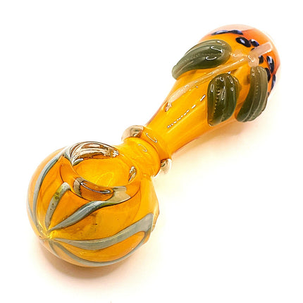 Pumpkin Patch Glass Spoon Pipe with Green Leaf Detail – 4 Inch Hand Pipe