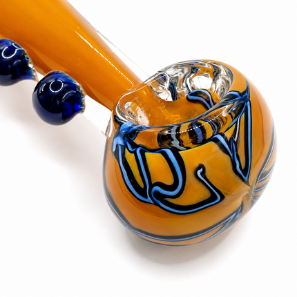 Amber Glass Spoon Pipe with Navy Blue Marbles and Swirl Bowl - 5 Inch