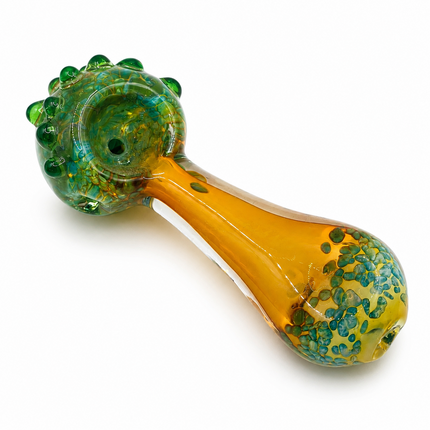 Amber Teal Crackle Glass Spoon Pipe with Green Marble Accents - 4.5 Inch