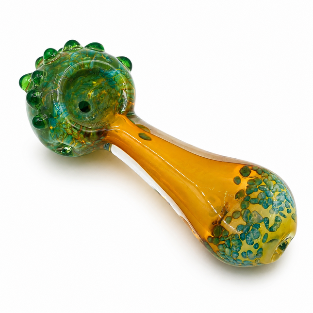 Amber Teal Crackle Glass Spoon Pipe with Green Marble Accents - 4.5 Inch