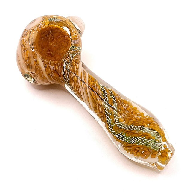 Camel Lace Glass Spoon Pipe with White Wave Detail – 4 Inch Hand Pipe Deep Bowl