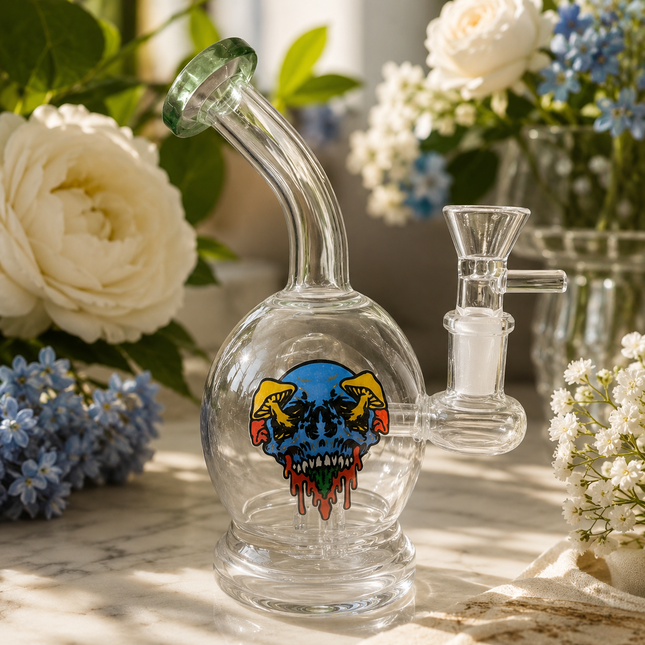 Green Accent Mushroom Skull Round Bubbler Round Glass Water Pipe 14mm - 6 inch