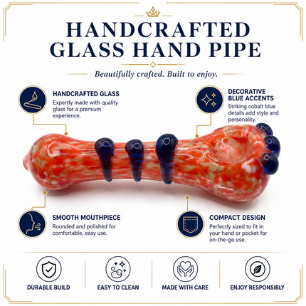 Orange Red Frit Handcraft Glass Spoon Pipe Blue Marble Accents 4.5 inch
