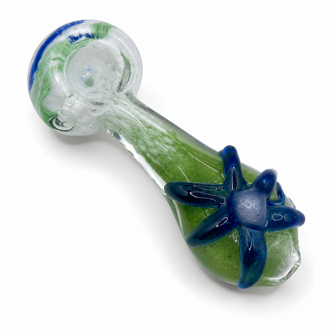 Green Meadow Glass Spoon Pipe 4 Inch Blue Flower Accent Hand Pipe