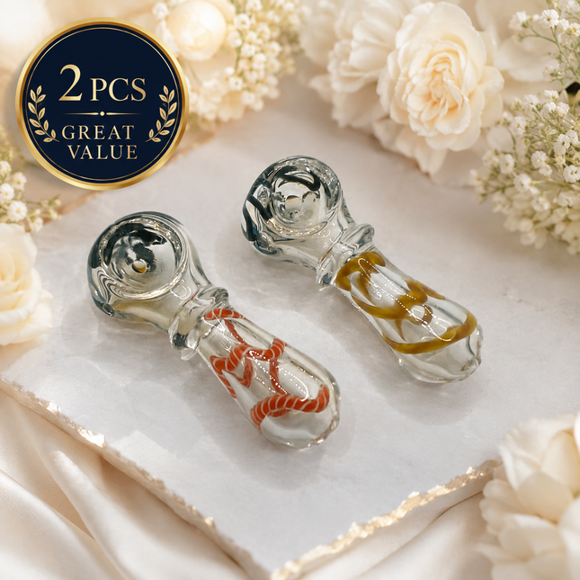 [2PC Bundle] Desert Coil Twist Body Glass Hand Pipe Set Clear Swirl Design