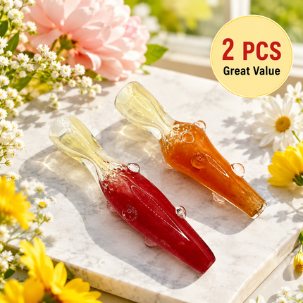 [2PC Bundle] Crimson Honey Handcraft Glass Chillum Pipes Red Amber 3~3.5 inch