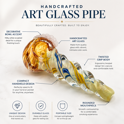 Topaz Blue Conch Twist Glass Spoon Pipe with White Marble Accents - 4 inch