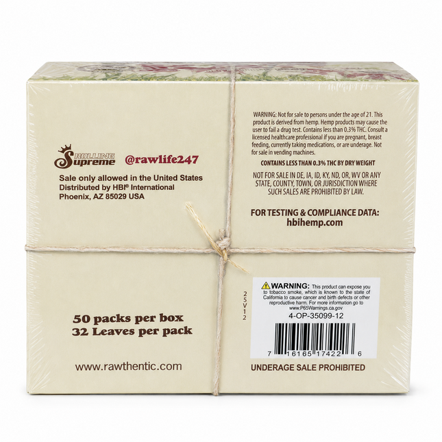 50 Packs RAW Organic Hemp King Size Slim Papers Box, 32 Leaves Per Pack