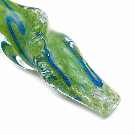 Moss Green Twist Glass Spoon Pipe with Blue Swirl & Marble Accent - 4.5 inch