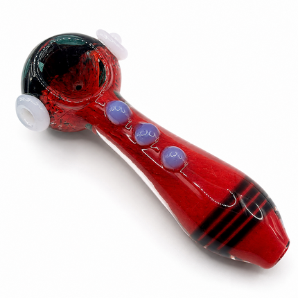 Red Frit Glass Spoon Pipe with White Marbles and Lavender Dots - 5 Inch