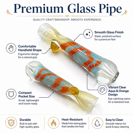 Coral Breeze Handcraft Glass Chillum Pipe Clear Aqua Orange 3~3.5 inch