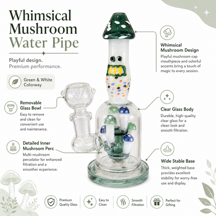 Green Glass Bong with Whimsical Mushroom Percolator & Bowl - 7.5 inch