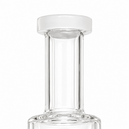 Close-up of clear glass rig chamber and thick round base on white background