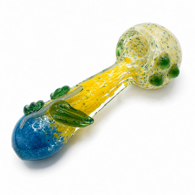 Yellow Blue Confetti Glass Spoon Pipe with Green Leaf Accents -  4 inch