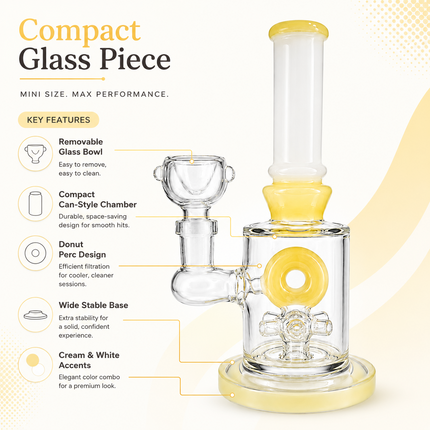 Milky Yellow Bottle Glass Bong with Donut Percolator & Bowl - 7.5 inch