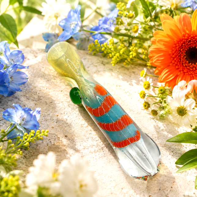 Coral Aqua Handcraft Glass Chillum Pipe Blue Orange Wrapped 3~3.5 inch