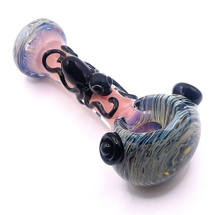 Pink Spider Glass Spoon Pipe with Marbled Ends – 5 Inch Hand Pipe Deep Bowl