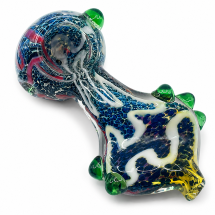 Blue Frit Twisted Body Glass Spoon Pipe with Green Raised Accents - 5 Inch