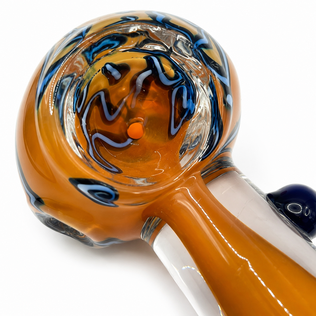 Amber Glass Spoon Pipe with Navy Blue Marbles and Swirl Bowl - 5 Inch