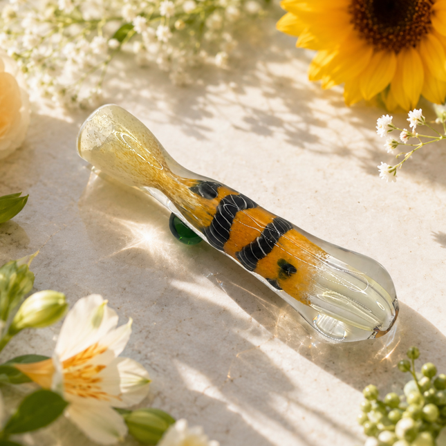 Tiger Amber Handcraft Glass Chillum Pipe Orange Black Wrapped Accent 3~3.5 inch