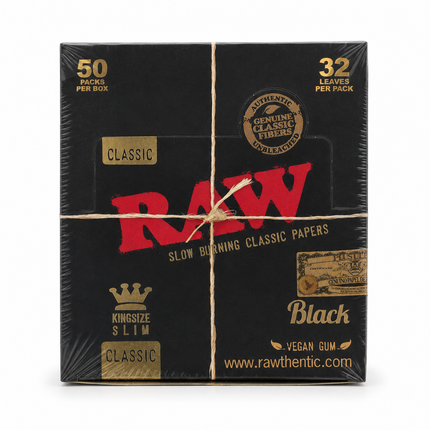 50 Packs RAW Black King Size Slim Papers Box, 32 Leaves Per Pack