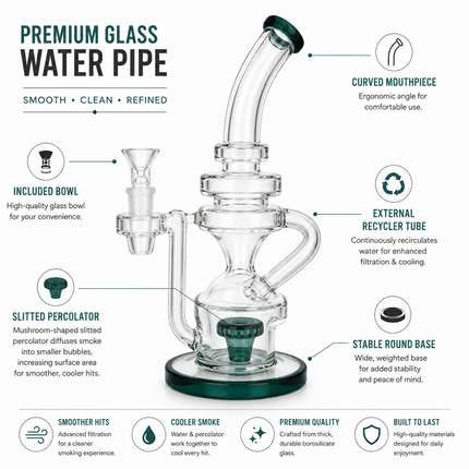 Teal Recycler Glass Water Pipe High Quality 14mm Bowl Curved Neck 11 inch