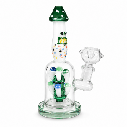 Green Glass Bong with Whimsical Mushroom Percolator & Bowl - 7.5 inch
