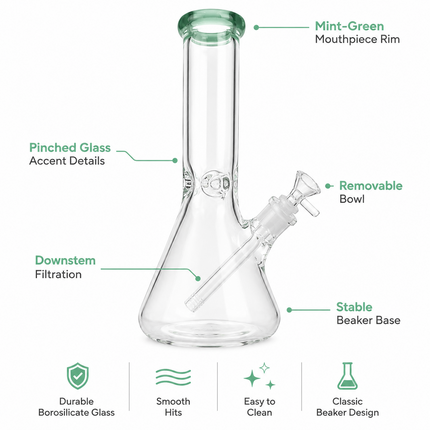 Green Accent Beaker Glass Water Pipe Ice Catcher 14mm Bowl 10.5 inch