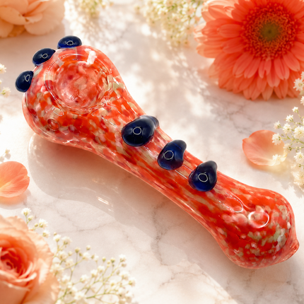 Orange Red Frit Handcraft Glass Spoon Pipe Blue Marble Accents 4.5 inch